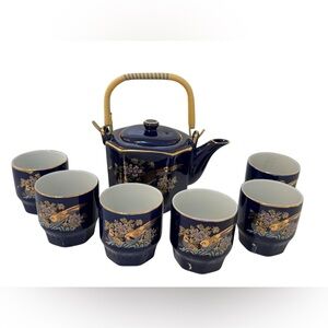Vintage Cobalt Blue Japanese Pheasant Bird Teapot Teacups Tea Set 8 pcs.